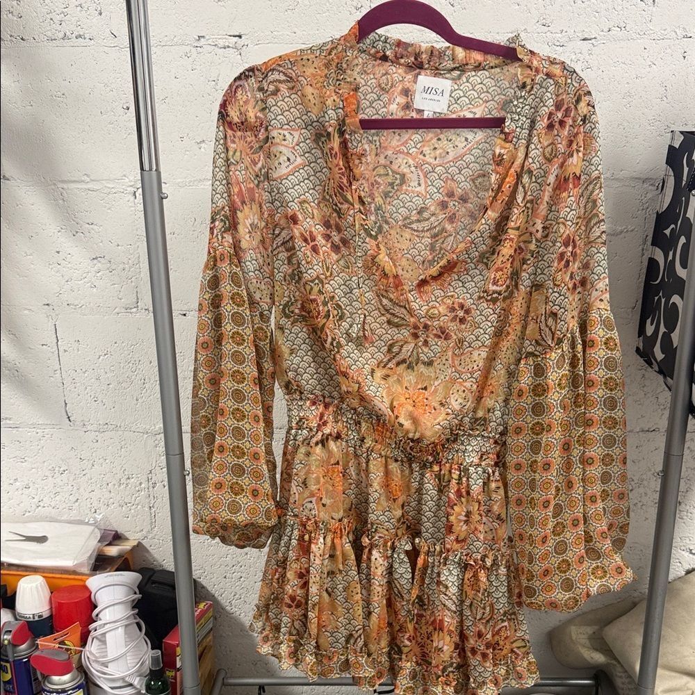 Floral Patterned Dress with Ruffle Hem MISA Los Angeles Long Sleeve Dress Large